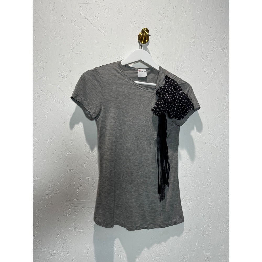 RED Valentino Gray T-Shirt with Polka Dot Bow and Fringe Accent Mens S